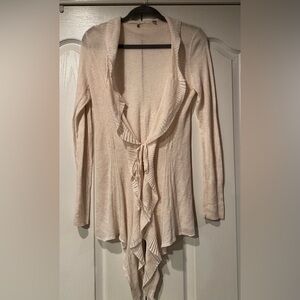 Knitted & Knotted by Anthropologie Cream Tie Cardigan with Ruffle Collar- Size M